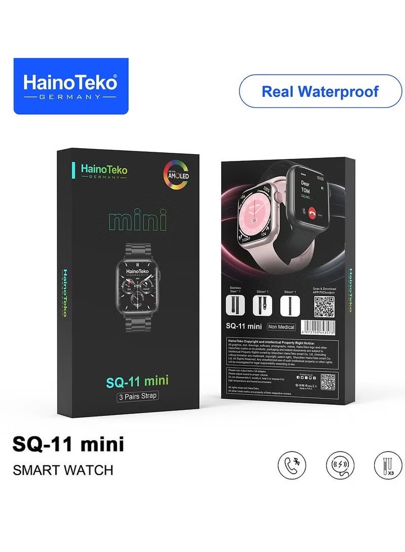 Haino Teko SQ-11 Mini Smart Watch with AMOLED Display, Waterproof Design, Health & Fitness Tracking, Touch Screen Smart Wearable with 3 Pairs of Replaceable Straps for Men and Women - Image 2